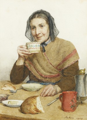 An old woman drinking coffee